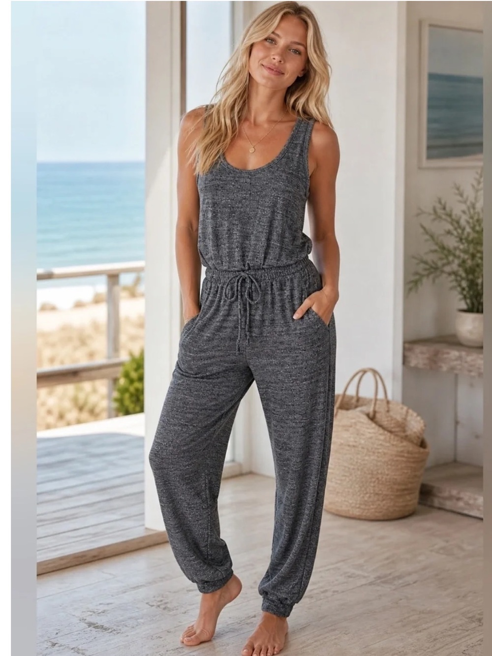 Free People Beach Bicoastal Gray Sleeveless Drawstring Jumpsuit W2528 Sz M